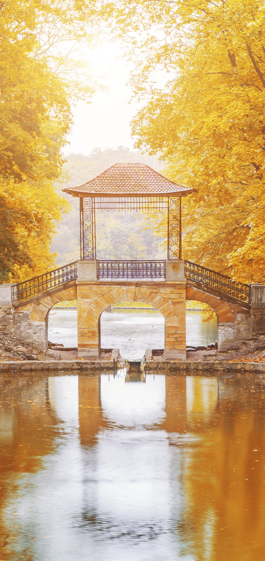 peaceful autumn lake with bridge